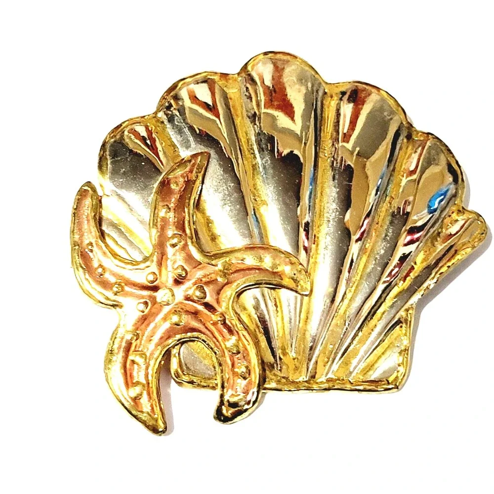 Vintage Gold Silver Copper Shell Brooch Starfish Large Mixed Metal Figural Pin